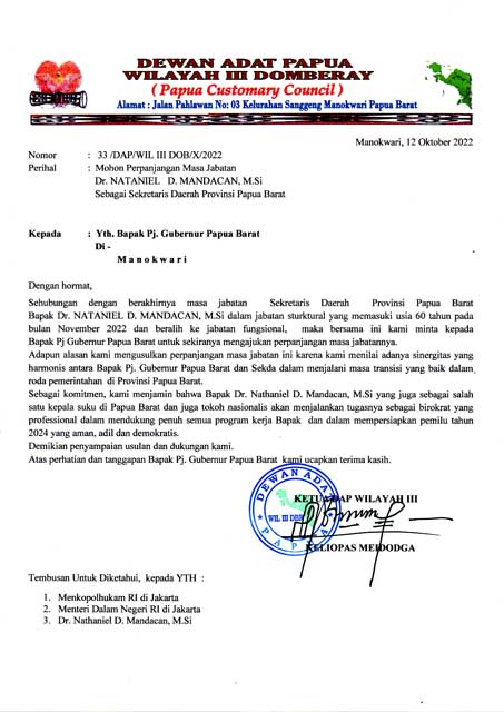Dewan Adat Papua Wilayah Domberay Mohon Penjabat Gubernur Papua Barat Perpanjang Masa Jabatan Sekda