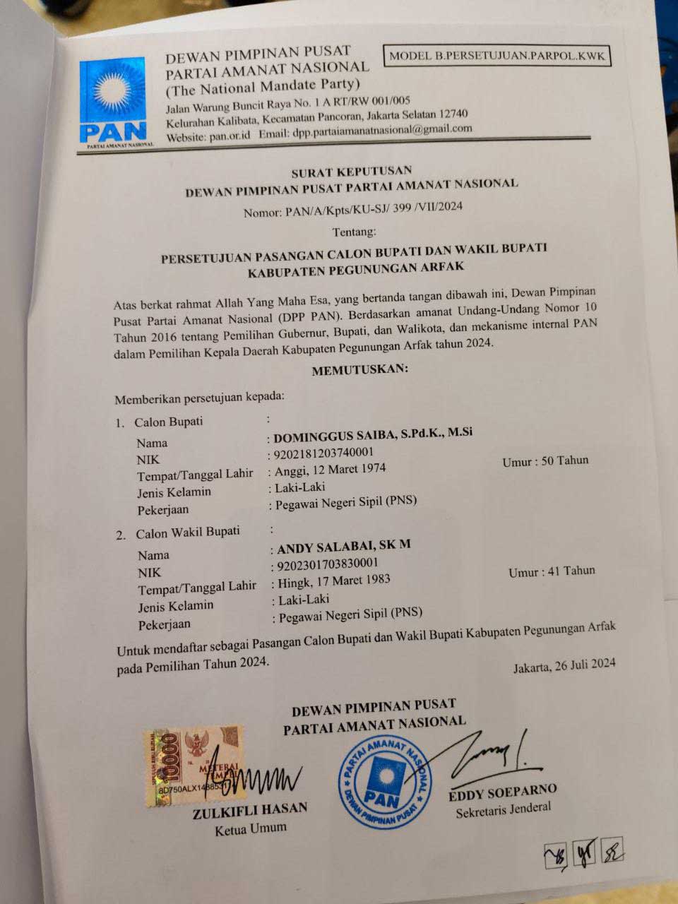 Dominggus Saiba dan Andy Salabai Kantongi B1-KWK PAN ke Pilkada Pegunungan Arfak