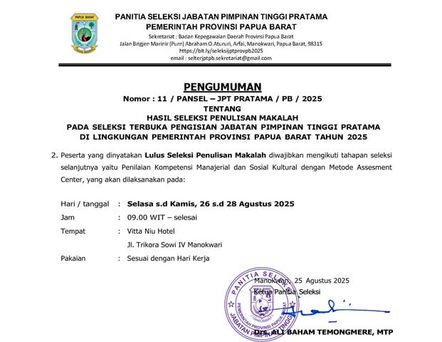 Makin Mengerucut, 72 Kandidat 16 Jabatan Eselon 2 Papua Barat