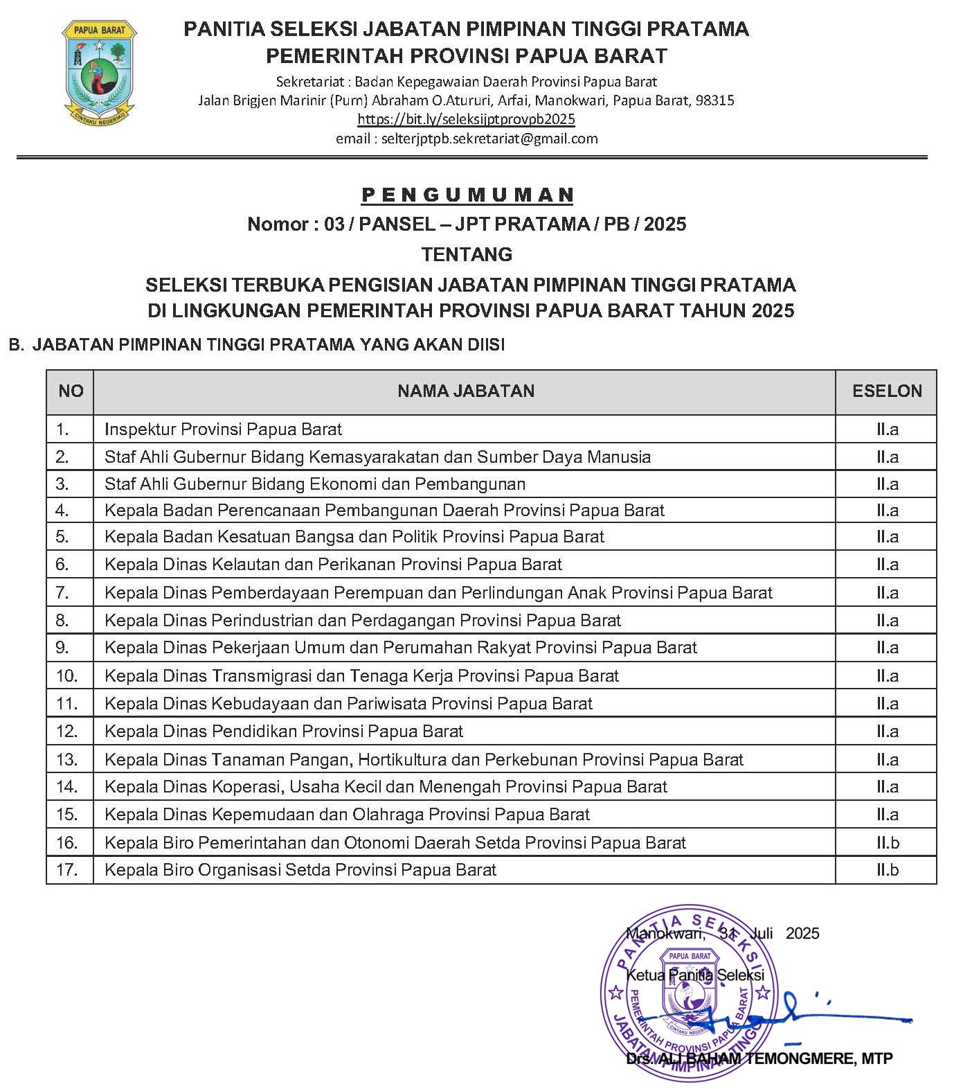 Pemprov Papua Barat Lelang 17 Jabatan Eselon II